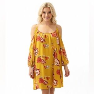 Wilde large floral mustard cold shoulder dress